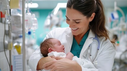 A compassionate doctor wearing a white coat holds a newborn with care and happiness in a hospital environment, reflecting nurturing and medical professionalism.