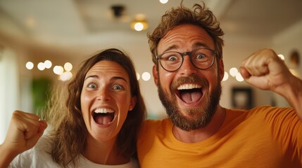 A cheerful couple inside their cozy home celebrates success with enthusiasm, smiling widely and exuding happiness, marking an occasion worth rejoicing over.