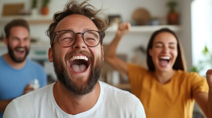 Fototapeta premium A joyous man surrounded by friends laughs heartily in a celebration, emanating a contagious sense of happiness, community, and shared enjoyment in the moment.