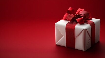 White gift box with red ribbon and tag on vibrant red background