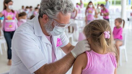 Fototapeta premium Doctor administering vaccine to young girl in community health clinic
