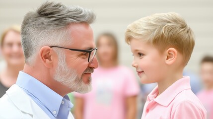 Obraz premium Heartwarming moment: gray-haired man and blonde boy sharing smiles and connection