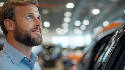 A bearded man in a blue shirt looks thoughtfully into the distance while surrounded by blurred lights in a bright, bustling interior setting full of movement.