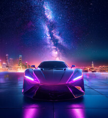 a sports car with the city in the background and the starry sky