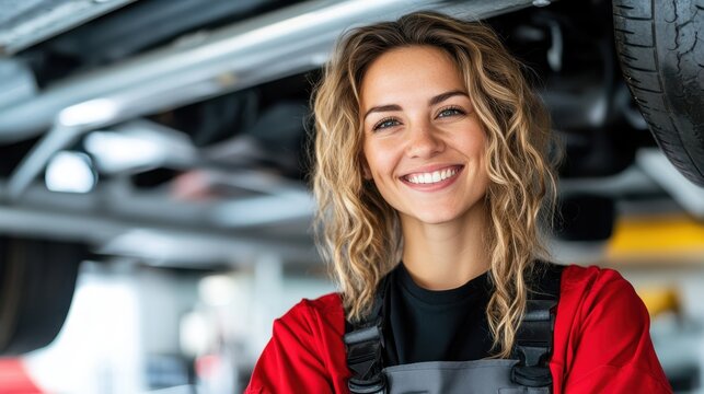 This image showcases a lady mechanic smiling while wearing a red outfit, demonstrating skill and expertise under a car, in a vastly male-dominated industry.