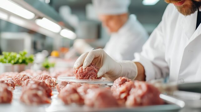 Scientists in white lab coats and gloves work meticulously with raw meat samples under sterile conditions in a lab, emphasizing precision and food safety practices.