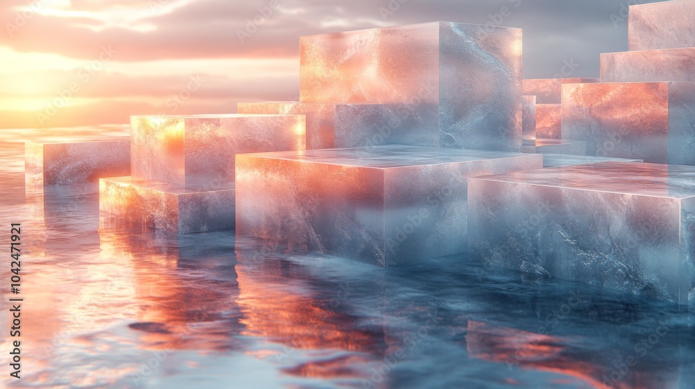 Poster large, reflective ice blocks emerge from calm waters, creating a mesmerizing display as the sun sets