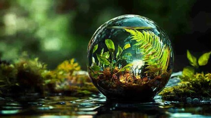 Glass terrarium with lush green plants on a forest floor