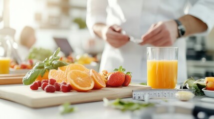 Naklejka premium A chef is preparing fresh juice with assorted fruits, a measuring tape, and kitchen tools, showcasing a blend of health and culinary expertise in the kitchen setting.