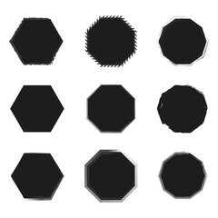 Geometric shape icons. Hexagon and octagon forms. Rough and smooth edges. Vector black silhouettes.