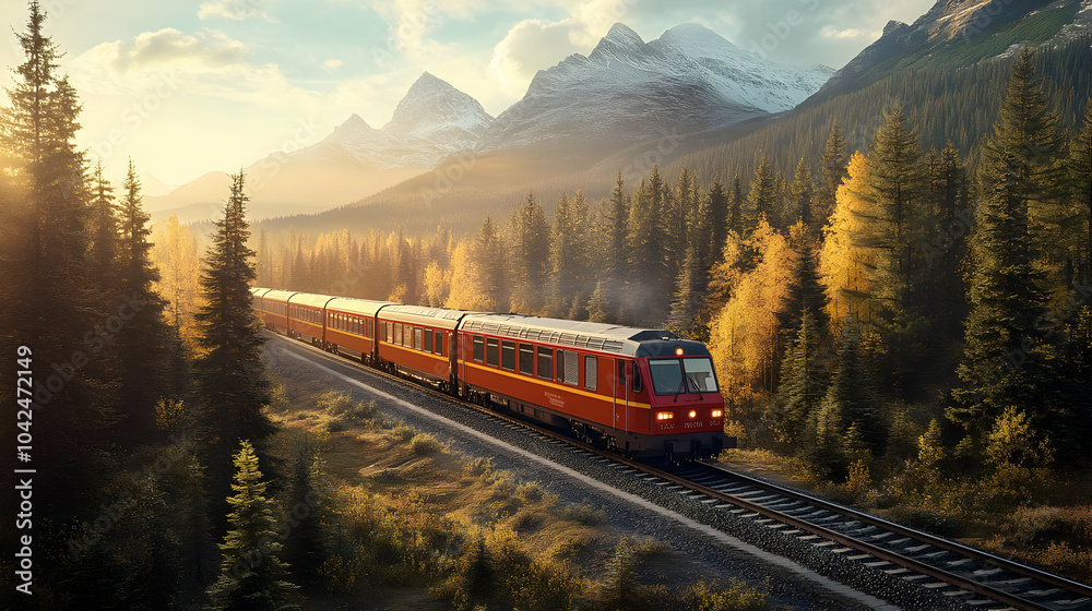 Canvas Prints Scenic train journey through autumn forest and mountains.