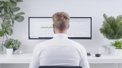 Businessman analyzing data on desktop monitors in modern office with greenery