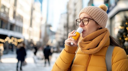 A bundled-up woman in winter clothing uses an inhaler on a bustling urban street, portraying health consciousness and resilience amidst cold weather conditions.