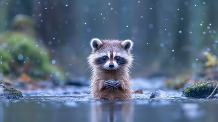 Obraz premium Adorable baby raccoon in serene forest stream with falling snowflakes