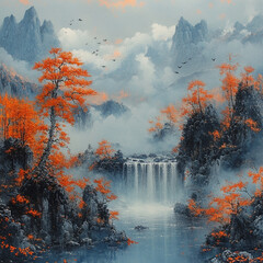 a watercolor painting with a maple tree, a snow garden, and a lake