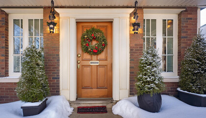 Fototapeta premium Holiday front door, Christmas, ornaments, decorations, swags, wreath, charming, house, home