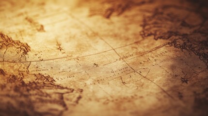 Close-up of a vintage, yellowed world map with faded markings.