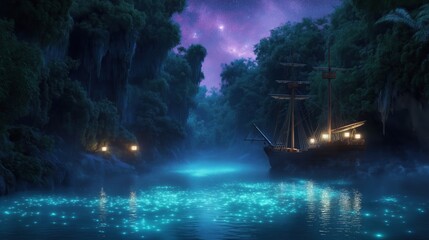 Enchanting night voyage: glowing river and starry sky with sailing ship