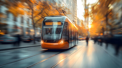 Obraz premium A blurred tram moving through an autumn city street at sunset.