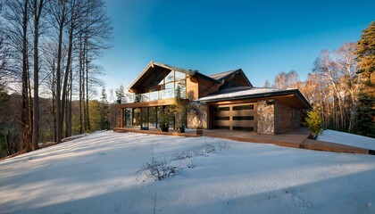 Luxury home in the mountains, house, winter, snow neighborhood, lights, trees, blue sky
