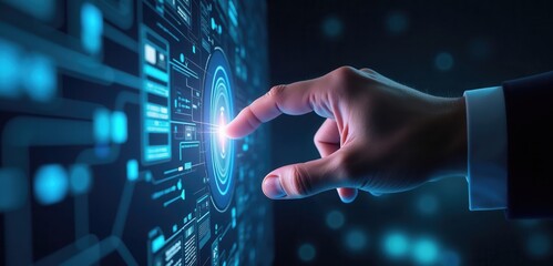 A businessman interacts with a futuristic digital interface, symbolizing innovation and technology in the corporate world.