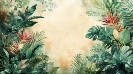 Tropical jungle border with exotic green leaves and bird of paradise flowers