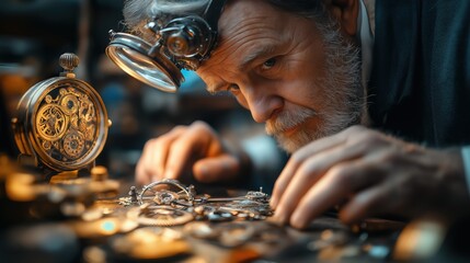 Skilled artisan examining intricate clockwork in workshop