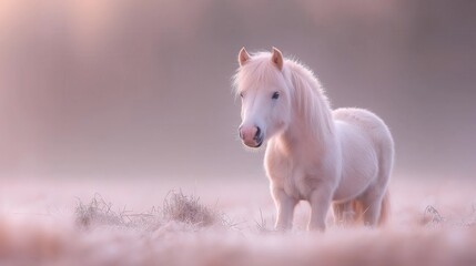 Fototapeta premium Soft light capturing a serene miniature horse in frosty pasture