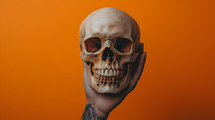 Human Skull Held by Hand on Orange Background