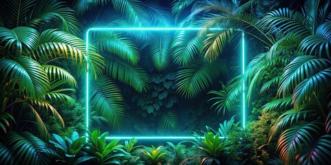 description: Long shot of neon frame illuminating dense tropical forest at night