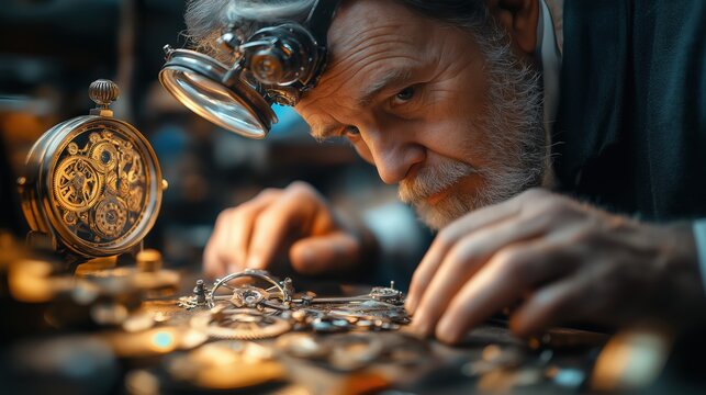 Skilled artisan examining intricate clockwork in workshop