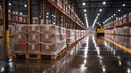 Fototapeta premium Vast warehouse interior with palletized boxes and forklift in motion