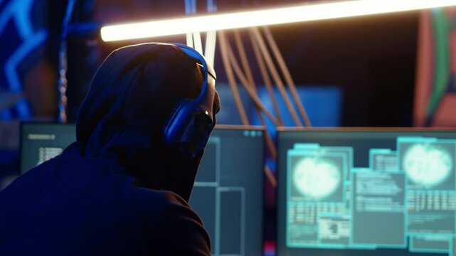 Hacker hiding in bunker removing headphones to hear suspicious sounds, feeling anxious after stealing data from victims. Man stopping music, scared about being caught by police, camera B close up