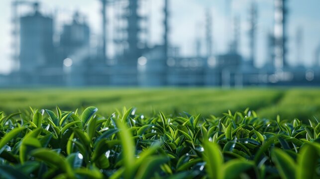 Green Tea Plantation with Industrial Background