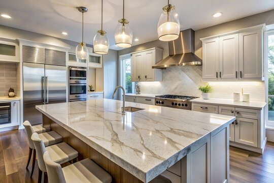 description: Medium shot of elegant quartz countertops and slabs for kitchen enhancement