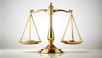 description: Ornate golden scales of justice symbolizing law fairness and equilibrium on white background