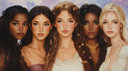 Obraz premium Diverse beauty: portrait of five women with varied skin tones and hairstyles