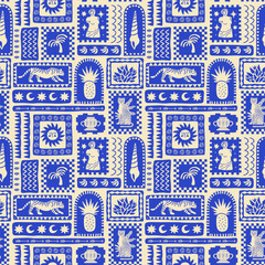 Stoffe zum Nähen Retro hand drawn tropical summer seamless pattern. Traditional indian tapestry style background illustration. Vintage exotic nature textile print, jungle animal texture with tiger, doodle, palm tree.
