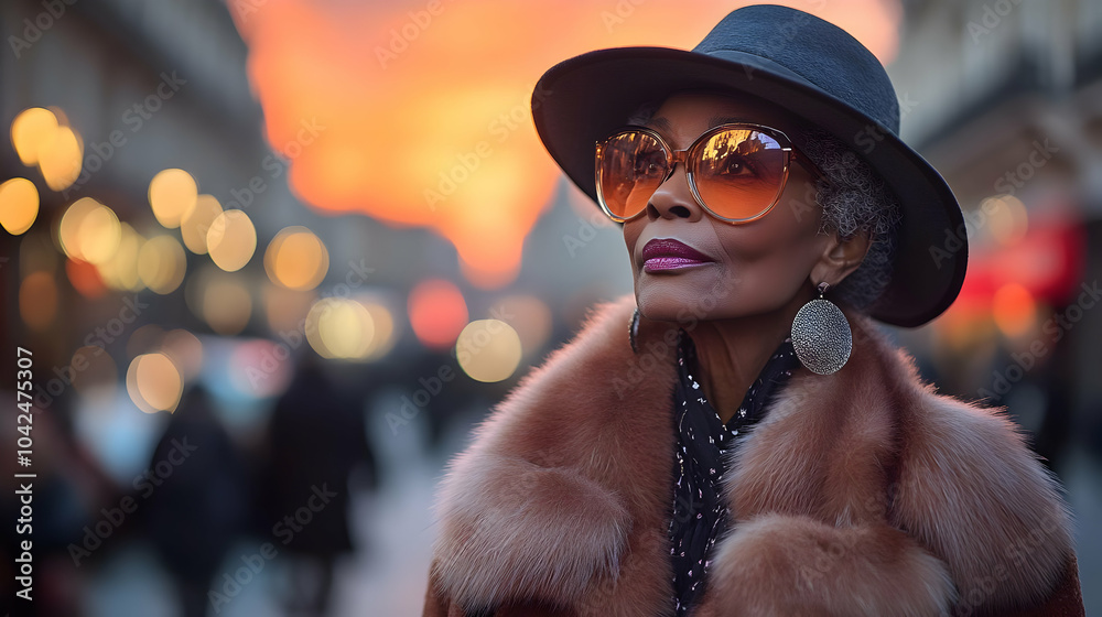 Poster Elegant woman in a stylish outfit against a vibrant sunset backdrop.