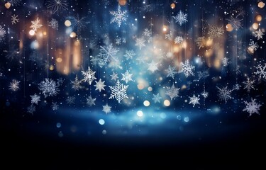A dark blue background with blurred lights and hanging snowflakes.