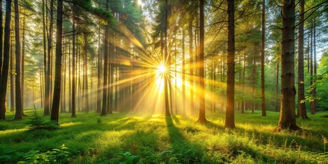 Obraz premium description: Reflected sunset or sunrise in the summer forest landscape with sunbeams in the morning