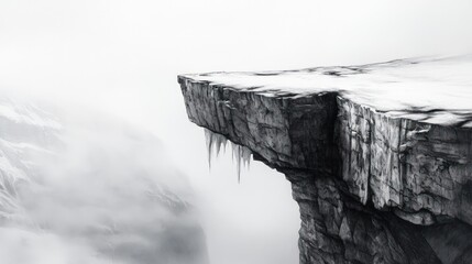 A cliff edge with snow and icicles in a foggy mountain landscape.