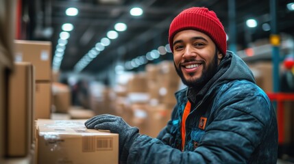 Smiling warehouse worker handling packages in industrial setting
