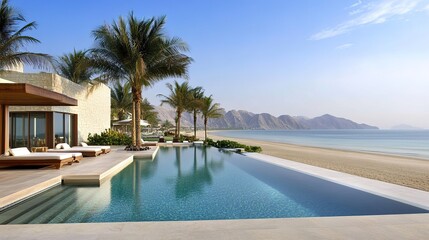 Luxury Beach in Oman: A Stunning Oasis of Tranquility and Natural Beauty: This breathtaking image showcases the pristine shores of a luxury beach in Oman, characterized by soft, golden sands 