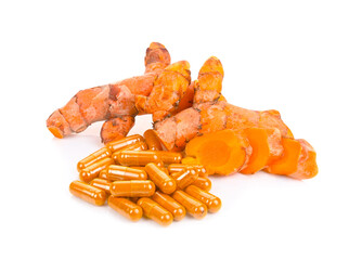 Turmeric and turmeric powder on white background