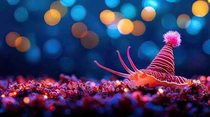 Obraz premium Christmas Background, A colorful snail wearing a festive party hat against a vibrant bokeh background.