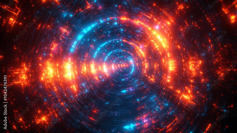 Poster Vivid orange and blue lights swirl in a circular pattern, creating an abstract digital tunnel that evokes a sense of dynamic movement and depth, inviting viewers to explore its depth.