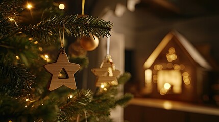 Cozy Christmas Tree with Wooden Ornaments and Lights