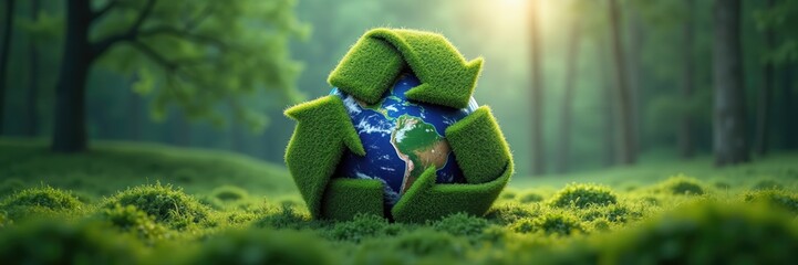 A symbolic representation of sustainability, featuring a green recycling symbol encircling Earth, set against a lush forest backdrop. Perfect for environmental themes.