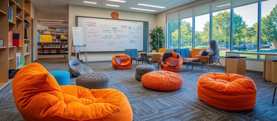 A modern, bright office space features large windows, a white board, and comfortable beanbag chairs.